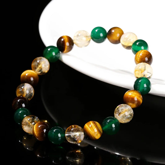 Natural Yellow Tiger Eye, Green Agate, Citrine Mixed Bracelet