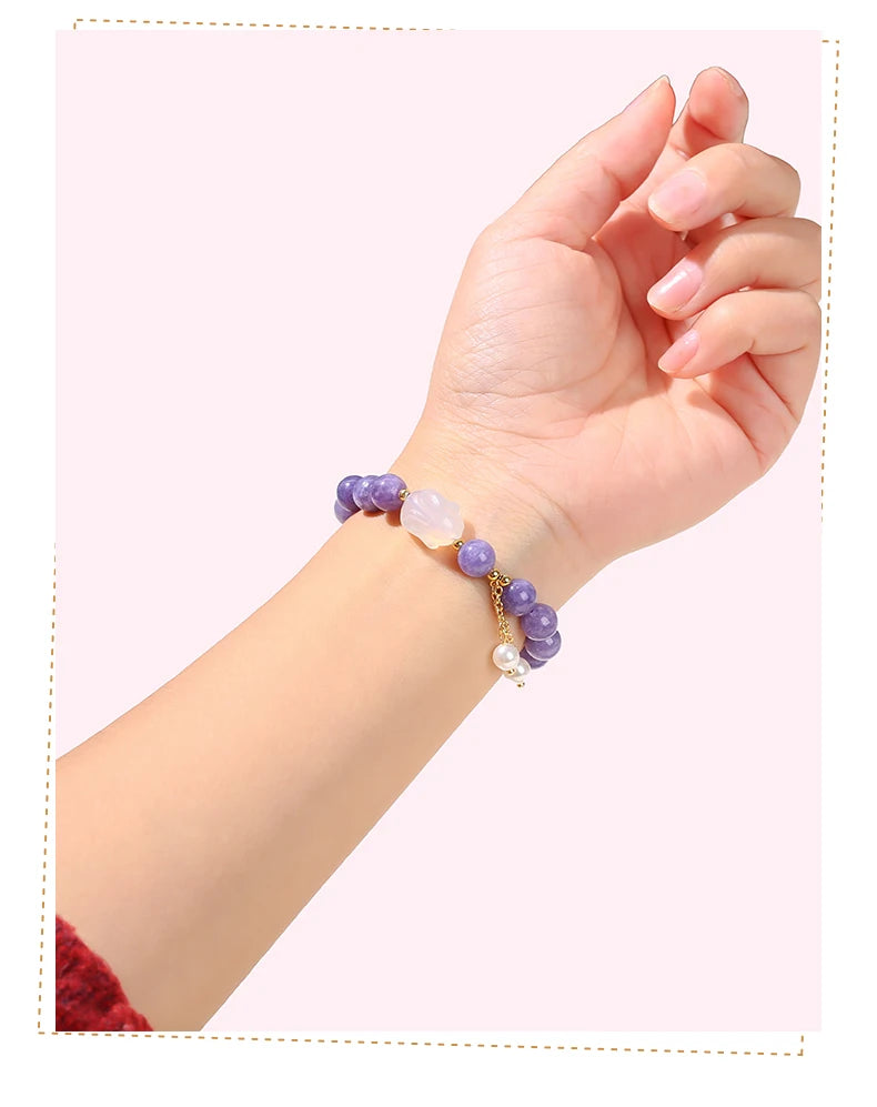 Natural Purple Chalcedony Bracelet (White Agate Rabbit Tassel)