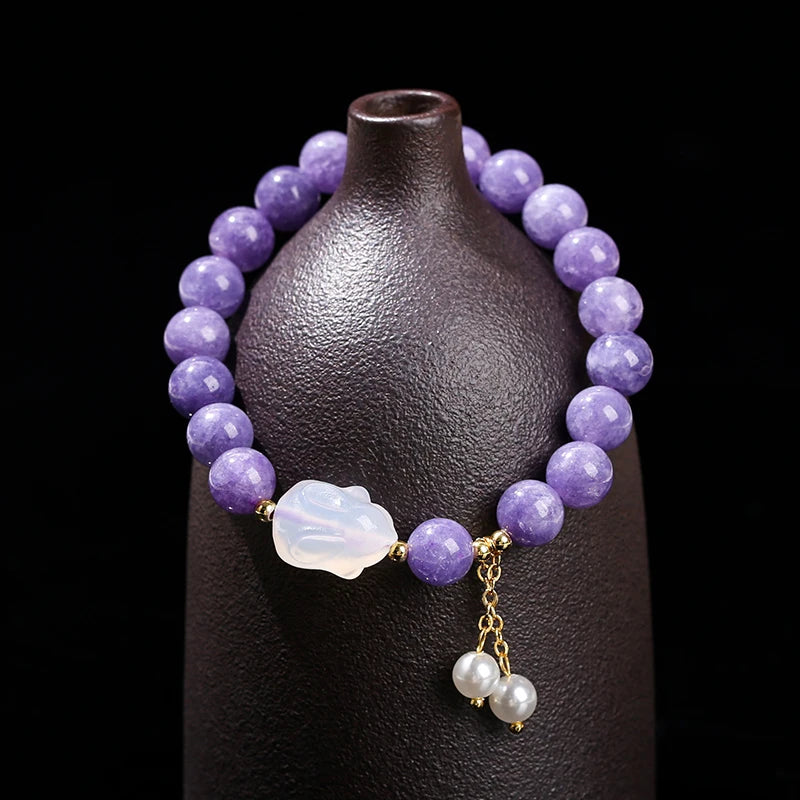 Natural Purple Chalcedony Bracelet (White Agate Rabbit Tassel)