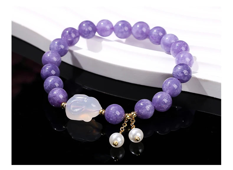 Natural Purple Chalcedony Bracelet (White Agate Rabbit Tassel)