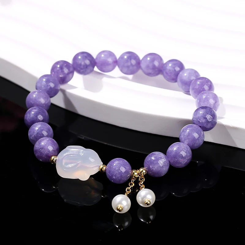 Natural Purple Chalcedony Bracelet (White Agate Rabbit Tassel)