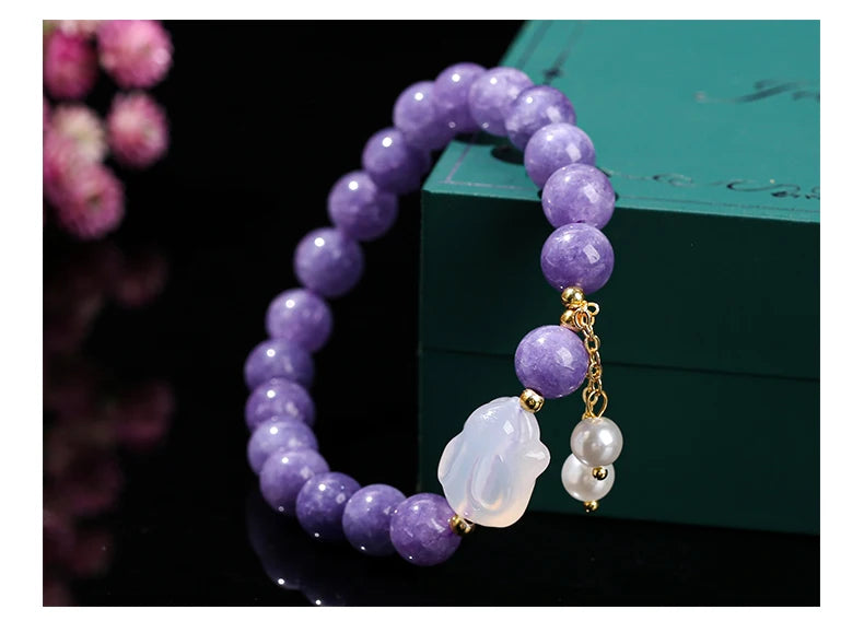 Natural Purple Chalcedony Bracelet (White Agate Rabbit Tassel)