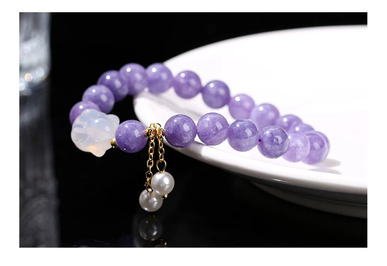 Natural Purple Chalcedony Bracelet (White Agate Rabbit Tassel)