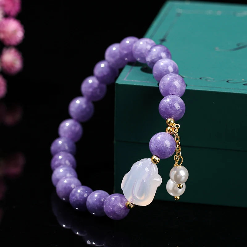 Natural Purple Chalcedony Bracelet (White Agate Rabbit Tassel)