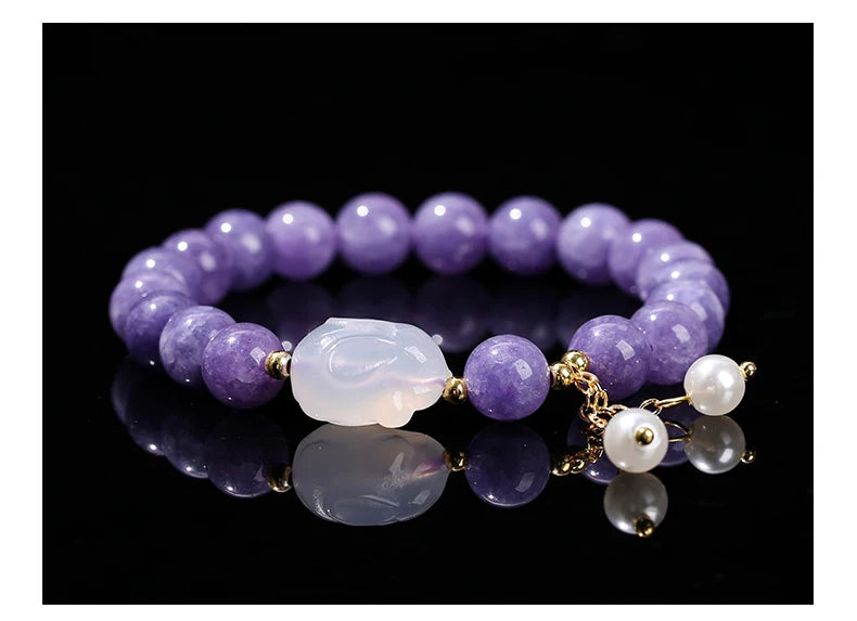 Natural Purple Chalcedony Bracelet (White Agate Rabbit Tassel)