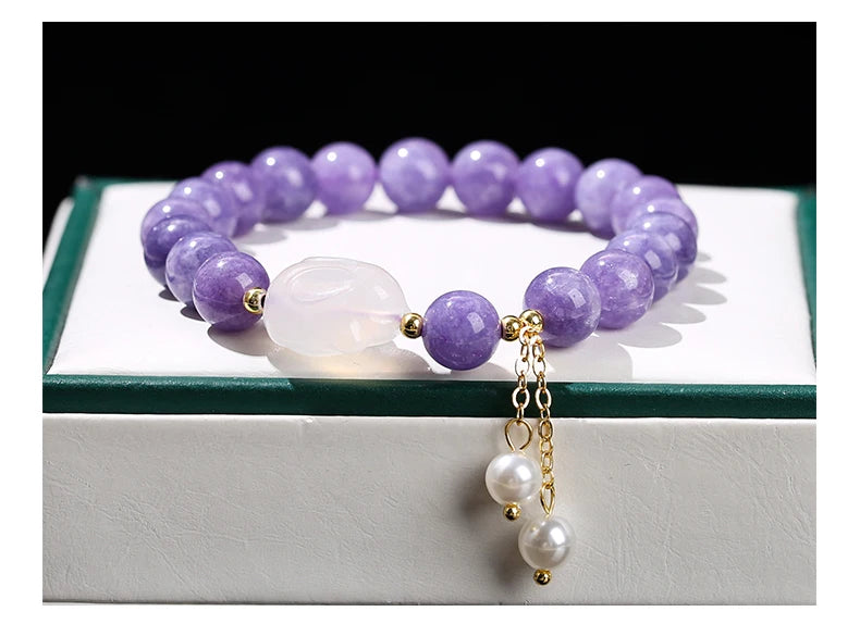 Natural Purple Chalcedony Bracelet (White Agate Rabbit Tassel)