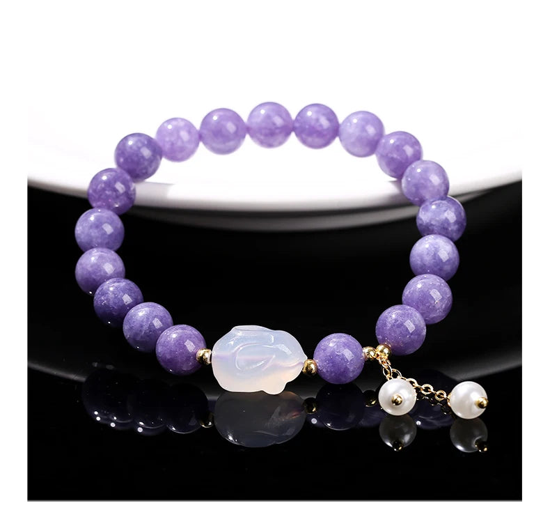 Natural Purple Chalcedony Bracelet (White Agate Rabbit Tassel)