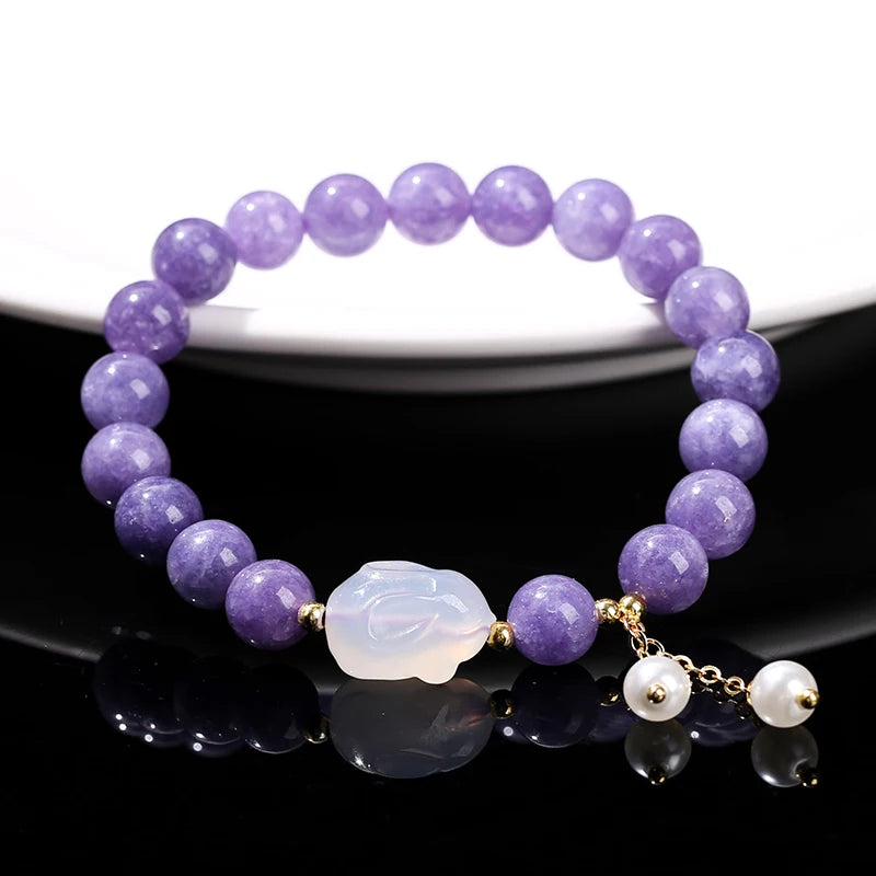 Natural Purple Chalcedony Bracelet (White Agate Rabbit Tassel)